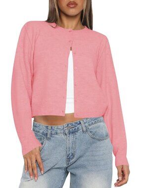 Women's Pink Long Sleeve Button Up Cropped Imported Cardigan Sweaters